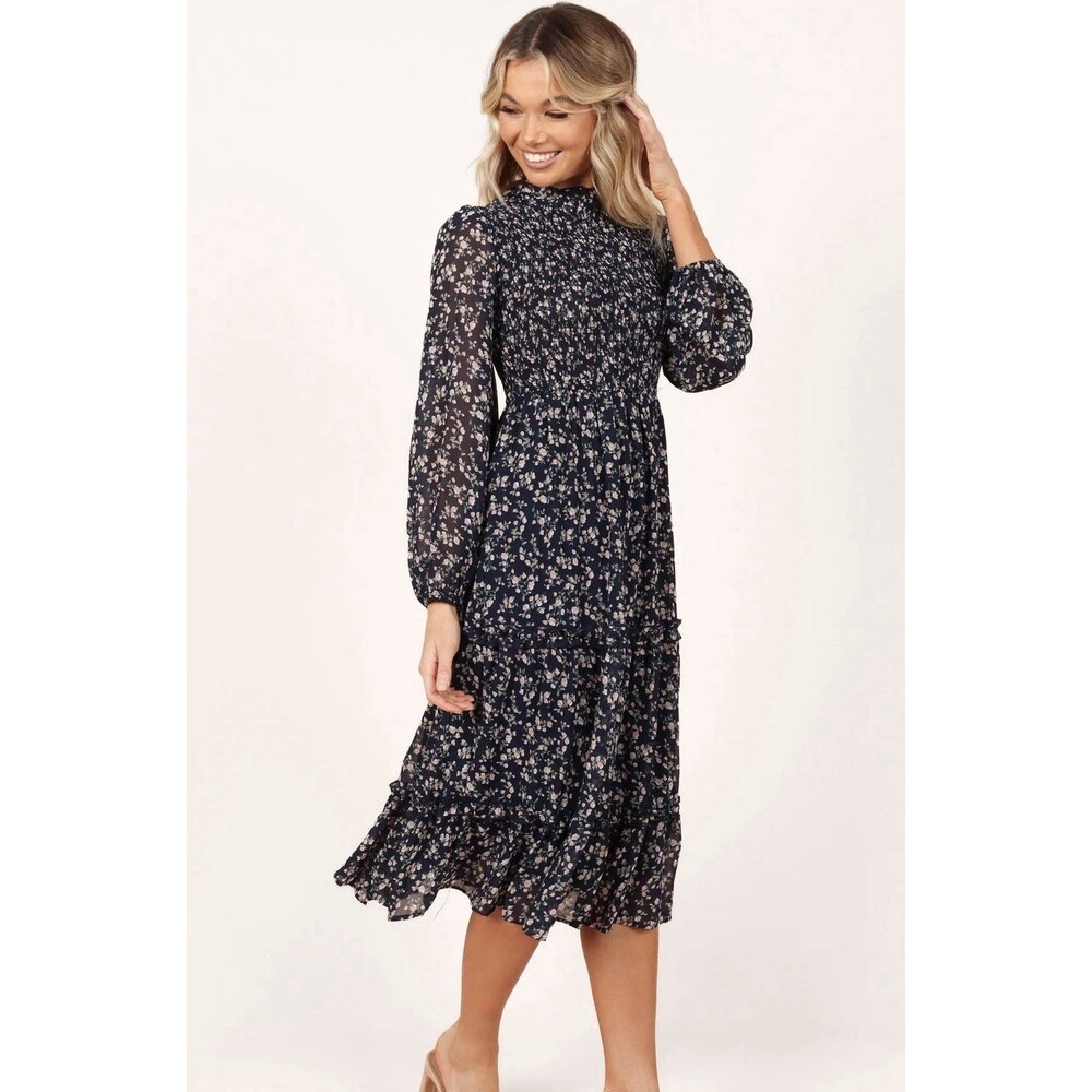 Petal & Pup Women's Edwina Shirred Long Sleeve Midi Dress Size Small Navy Floral